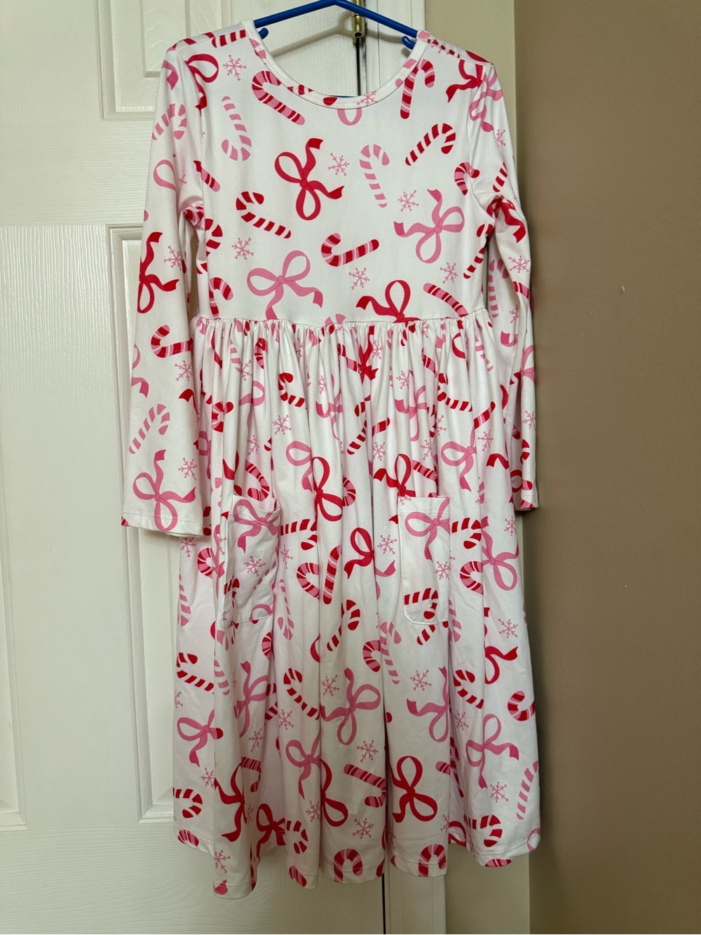 Girls White Long-Sleeve Dress with Pink & Red Candy Cane Print